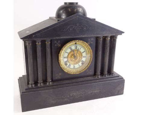 A French black slate and gilt metal Portico mantel clock, 43cm wide.  (AF)