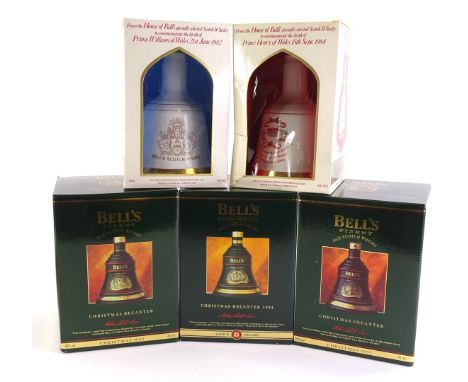 Five Bells commemorative whisky decanters, to include Christmas 1992, Christmas 1993, Christmas 1994, Prince William of Wales