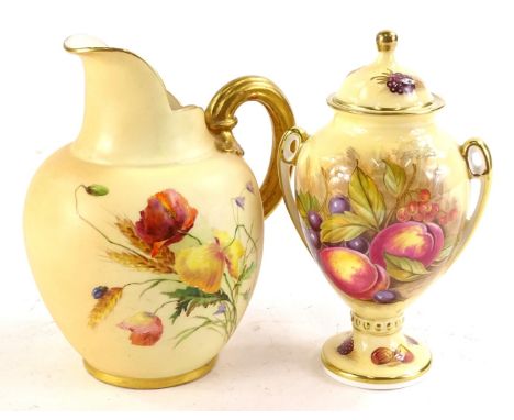 A Royal Worcester porcelain ewer, painted with brightly coloured flowers on a blush ivory ground, printed mark in puce to und