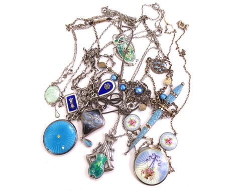 A quantity of silver and silver plated enamel set jewellery, to include a graduated necklace, with floral design and seed pea