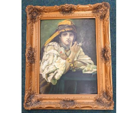 Tina Mai (20thC).  Portrait of a lady holding cards, smoking pipe, oil on board, signed and bearing date 1911, 43cm x 28cm. (