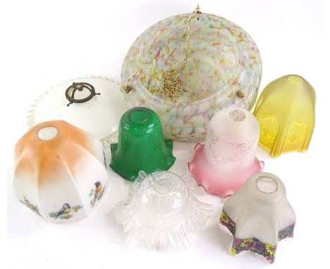 A collection of early 20thC and later glass shades, to include a cranberry tinted Art Nouveau style example