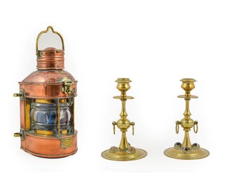 ~ A Pair of Hardstone Mounted Brass Candlesticks, circa 1860, with urn sconces, circular drip pans and knopped stems hung wit