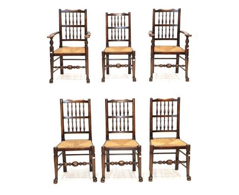 A Set of Six (4+2) 19th Century Ash and Rush-Seated Lancashire Double Spindle Chairs, with bobbin turned front rails and tape
