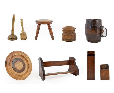 ~ A Coopered Oak Costrell, with steel swan neck handle, 21cm wide; An Oak Taper Box, 30.5cm wide; A Smaller Oak Box, 16cm; A 