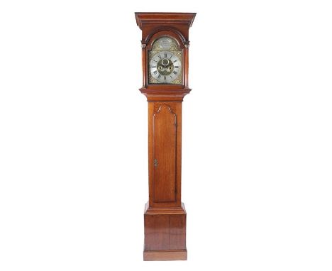 An Oak Eight Day Longcase Clock, signed John Cornforth, Stokesley, circa 1770, flat top pediment, arched trunk door, 11-1/2-i