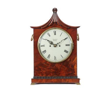 A Mahogany Inlaid Striking Table Clock, signed Turnbull, Whitby, 19th century, arched pediment, side sound frets, front with 