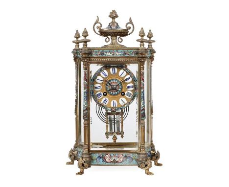 A Four Glass Champleve Enamel Striking Mantel Clock, circa 1890, multi coloured champleve enamel case with four bevelled glas