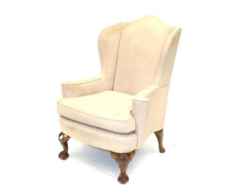 A Queen Anne Style Walnut Chair, early 20th century, recovered in cream geometric fabric, with flared armrests, squab cushion