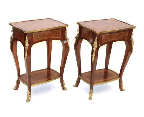 A Pair of 20th Century French Style Gilt Metal Mounted Bedside Tables, each of serpentine shaped form above a single drawer, 