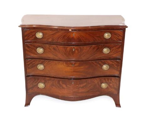 A George III Mahogany Serpentine Fronted Chest, circa 1800, the moulded top above four long graduated drawers and arched apro