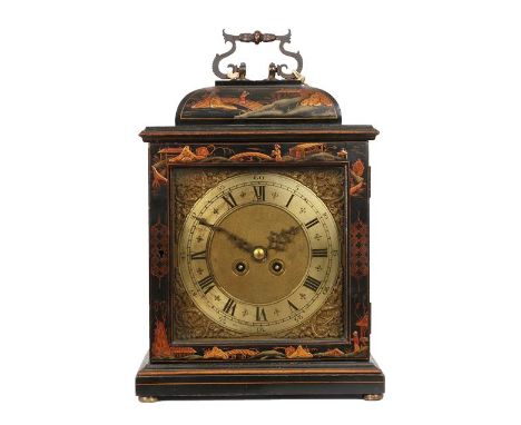 A Japanned Striking Table Clock, early 20th century, 17th century style Japanned case decorated with figures and pagodas, bun