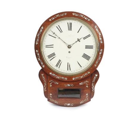 A Rosewood and Mother of Pearl Inlaid Drop Dial Wall Timepiece, mid-19th century, side and bottom doors, mother of pearl flor