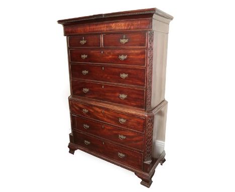 A George III Mahogany Chest on Chest, late 18th century, the dentil cornice above a plain frieze and two short and three long