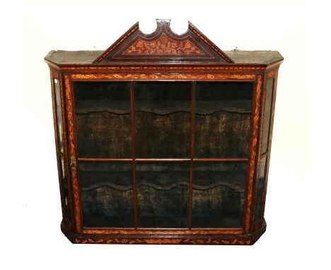 A 19th Century Dutch Mahogany and Marquetry Inlaid Wall Mounted Display Cabinet, the architectural moulded pediment above a g