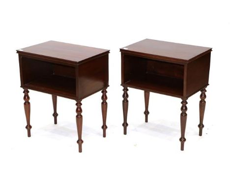A Pair of Mahogany Bedside Tables, with rectangular moulded tops above a single shelf, raised upon turned tapering legs, 51cm