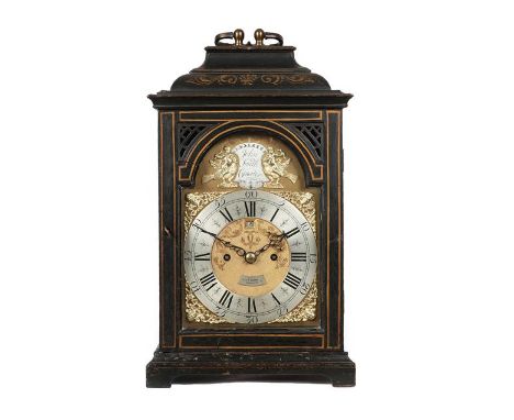 An Ebonised Striking Table Clock, inverted bell top case with a carrying handle, side glazed panels, gilt decorated borders, 