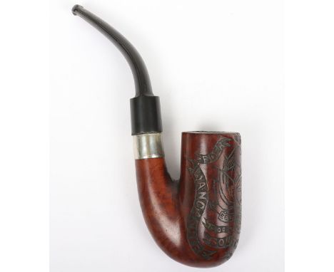 Boer War Lancashire Fusiliers Pipe: A well carved wooden pipe head with badge and Boer War details , complete in well used co