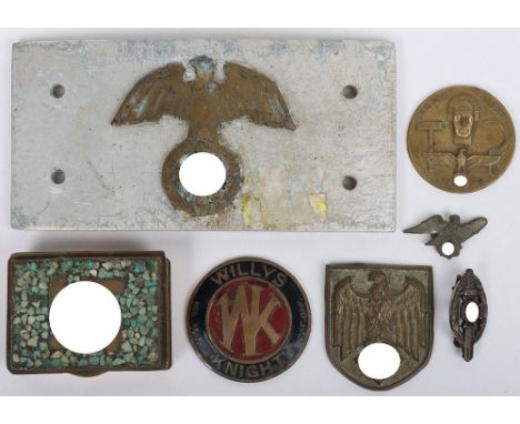 WW2 German Badges: Metal plaque with brass eagle and swastika 13 cms x 6.5 cms , small pill type box with swastika to lid , A