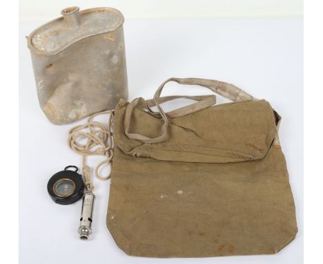 WW2 Compass and Militaria: Officers type compass with makers and date 1939 to back, gas mask bag, whistle on lanyard and reli
