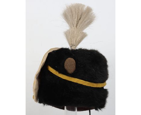 British 19th Hussars Troopers Busby: Black short fur busby with top fixed white side bag and  yellow cord , badge and white p