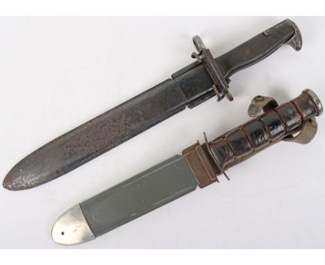 US M1 Garand Bayonet and K-Bar Knife: Bayonet is stamped to blade AFH US complete with metal scabbard, K-Bar knife  with clea