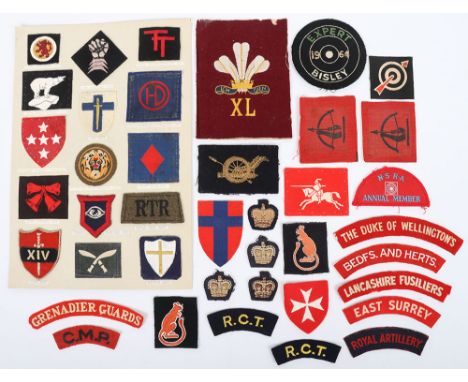 British WW2 & Post War Formation Signs and other Badges: Display of badges on card to include WW2 printed and stitched badges