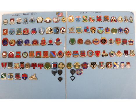 American Military Badges: Two boards of mostly enamel military formation/divisional  and some rank  badges. 104 items 