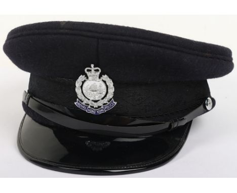 Royal Hong Kong Police Hat: Enamel police cap badge to front, complete with buttons and chin strap, makers label to inside  a