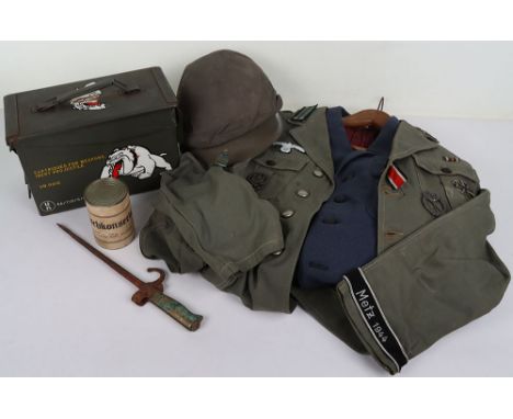 WW2 German Army Re-enactment Tunic: Tunic is complete with combat awards  and  badges, re-enactment food tin, US style helmet