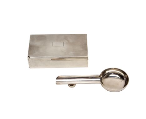 A SILVER CIGAR REST AND A SILVER CIGARETTE BOX
The cigar rest marked 'Sterling 925'; the box mark of E &amp; N Speak, Birming