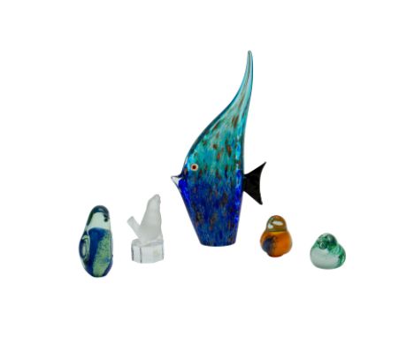 A GROUP OF GLASS MODELS OF ANIMALS
Comprising: a large fish, probably Murano, of stylised elongated design; a Goebel frosted 