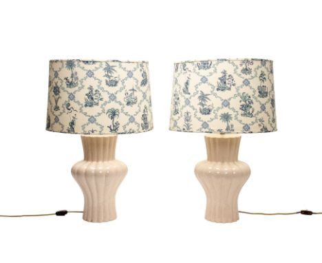 A PAIR OF LARGE CERAMIC TABLE LAMPS
With crackle glazed baluster fluted base, Chinoiserie fabric shades
76cm high including s