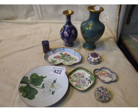  Sale Item:    2 CLOISSONIE VASES & 7 PCS ENAMEL WARE  Vat Status:   No Vat   Buyers Premium:  This lot is subject to a Buyer