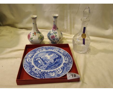  Sale Item:    CRYSTAL DECANTER SPODE CAKE PLATE & 2 VASES  Vat Status:   No Vat   Buyers Premium:  This lot is subject to a 