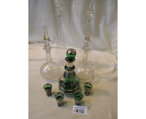  Sale Item:    DECANTERS CARAFFES & GREEN LIQUER SET  Vat Status:   No Vat   Buyers Premium:  This lot is subject to a Buyers