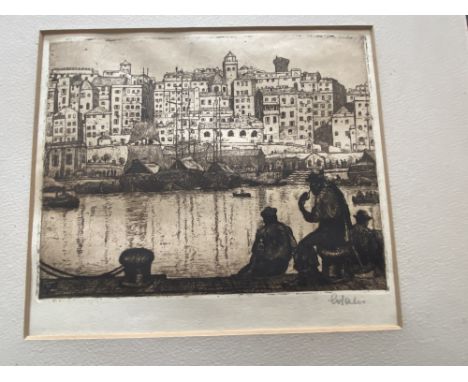 An etching, Harbour scene, signed
