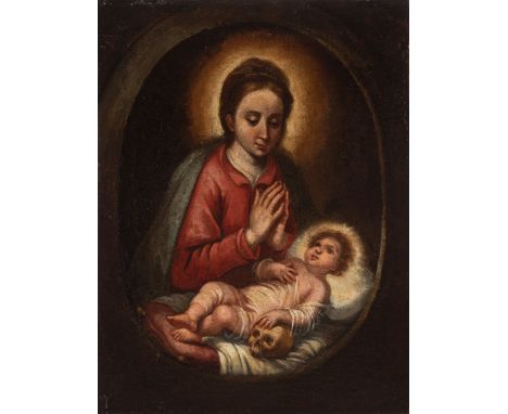 Spanish school, 18th century."Virgin and Child".Oil on canvas.Frame of the 19th century, in carved and polychrome wood.Measur