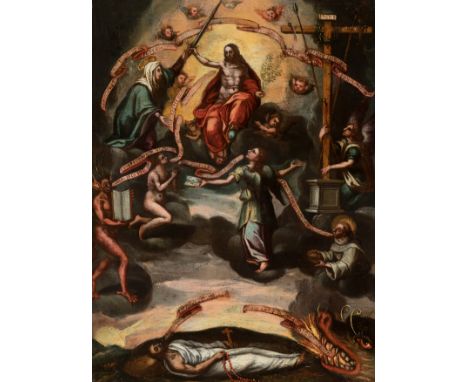 Spanish school, 17th century."Christ Triumphant".Oil on panel.Size: 34 x 27 cm; 67 x 58 cm (frame).Baroque painting, also res
