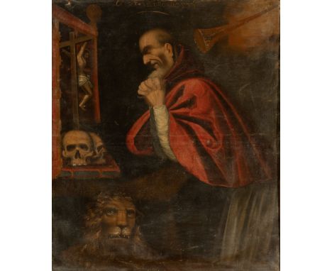 Spanish or Novo-Hispanic school, 17th century."Saint Jerome".Oil on canvas (original).Frame of the 19th century.It presents s