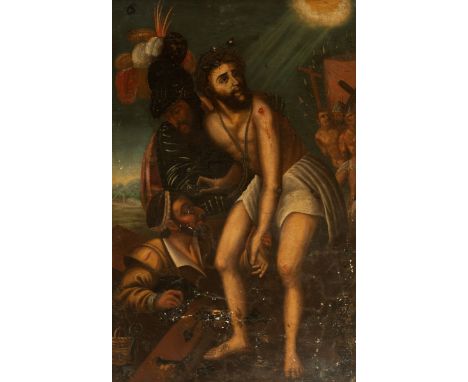 Novo-Hispanic or Spanish school, 17th century."Christ on Calvary".Oil on canvas (original).Period frame.Lack of paint and los