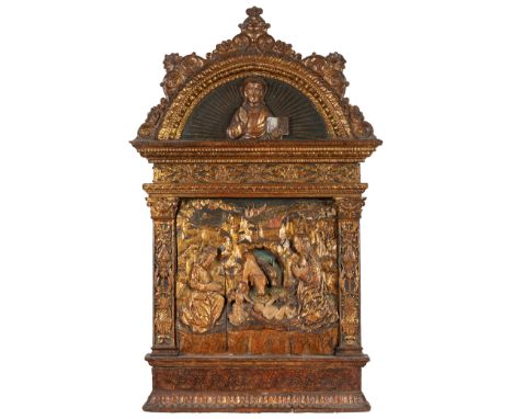 Altarpiece. Renaissance. Italy, first half of the 16th century."Nativity".Carved, polychromed and gilded wood.Polychrome back