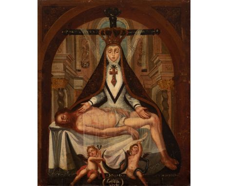 Granada School; late 17th century."Virgen de las Angustias".Oil on canvas.It presents slight faults on the pictorial surface.