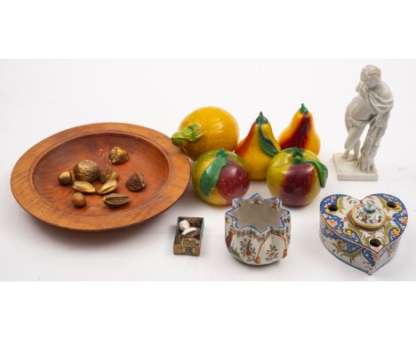 Five Italian hand blown glass fruit paperweights. Comprising two apples, two pears and a lemon on a wooden fruit bowl togethe