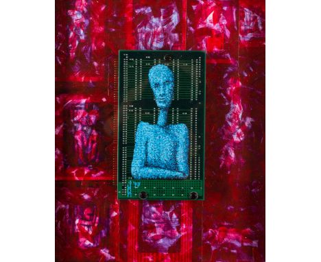 James Quinn (British, b 1963) -
RBG (Red, Blue, Green) -
Mixed media with an interface circuit board -
36 x 31cm framed -
Sig