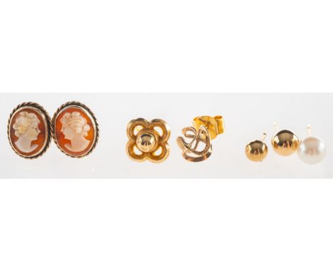 A mixed group of stud earrings, with four pairs of earrings including a pair of jade cabochon set studs, earrings unmarked, o