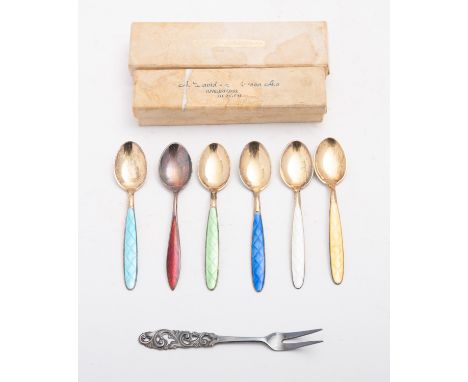 A set of six mid 20th century gilt silver and enamel Norwegian coffee spoons by SV and a silver pickle fork by Myliug, Norway