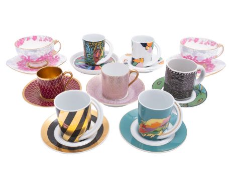 Seven  Rosenthal espresso cups and saucers, including four Studio Line examples, variously decorated, together with a pair of