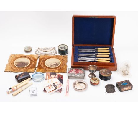An arts and crafts copper and enamel matchbox holder. Together with a collection of pill boxes and metalware etc.
