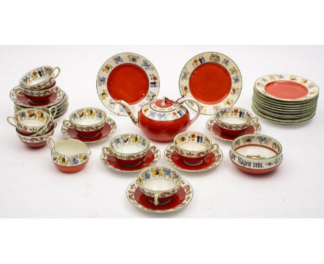 A Mid Century Norwegian Porsgrund ten piece tea service. Decorated in red with figural and floral decoration comprising a tea